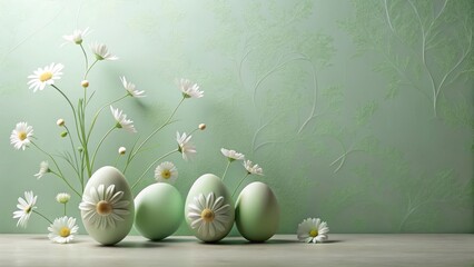 Pastel Green Eggs and Daisies A Springtime Still Life Featuring Delicate White Flowers and Softly Colored Eggs Arranged Against a Subtle Textured Background