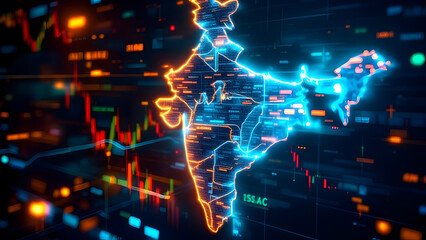 Obraz premium Glowing India Map with Rupee Symbol, Falling Coins, and Financial Market Trends – Economic Growth and Digital Finance Concept