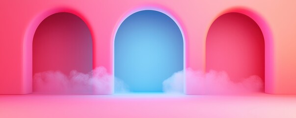 A vibrant background featuring three archways, with soft clouds in a gradient of pink and blue hues.