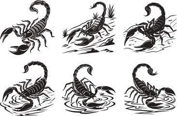 Black Scorpion Silhouette Set Deadly Arachnid Illustrations in Various Poses and Environments.