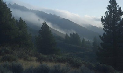 Serene misty mountain landscape at dawn, showcasing rolling hills, evergreen trees, and a tranquil atmosphere.  Perfect for travel, nature, or environmental themes.