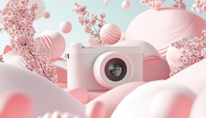 A stylish white camera surrounded by soft pink spheres and floral elements creates a whimsical, artistic scene.