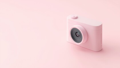 A minimalist pink camera rests on a soft pink surface, creating a modern and stylish aesthetic perfect for photography enthusiasts.