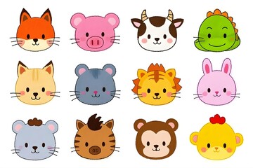 Fototapeta premium Cartoon Chinese Zodiac Animal Icons Isolated Vector Illustrations on a White Background for Creative Projects