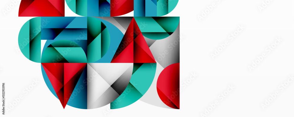 Poster Modern abstract composition with layered circles and angular segments featuring gradients, transparency effects, and a structured geometric layout