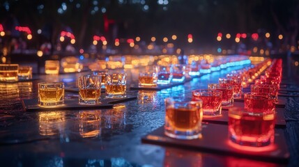 Luxurious Nightclub Drinks  Neon Lights  Whiskey Glasses