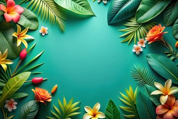 Fototapeta premium Vibrant Tropical Floral Border with Lush Green Foliage and a Teal Background, Ideal for Summer Designs and Vacation Themed Projects