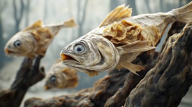 Surreal Dried Fish Parables in Ethereal Landscape