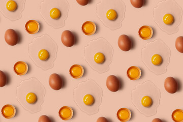 Seamless pattern of whole egg, cracked and raw egg spread