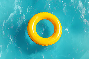 A bright yellow pool float ring drifting on clear blue water. A vibrant summer concept from a top-down view