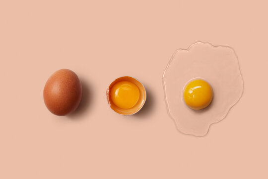 Arrangement of eggs in three stages whole, cracked, and spread raw