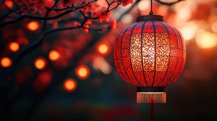 Obraz premium Glowing red lantern with gold patterns, warm candlelight, festive lights in background; celebrating tradition and vibrant joy.