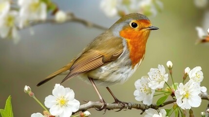 Fototapeta premium A robin bird perched on a branch during spring, surrounded by blooming flowers.
