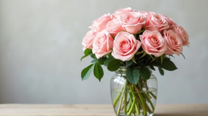 Fototapeta premium An elegant bouquet of fresh pink roses arranged in a sparkling crystal vase, placed on a marble table with soft natural light