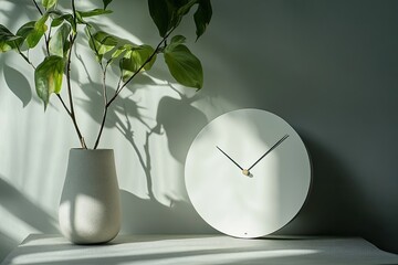 Minimalist Home Decor Featuring a White Clock and Green Plant in a Vase