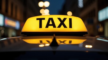 A yellow taxi cab illuminated on a busy city street with neon signs, capturing the essence of urban nightlife