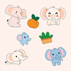 Cute Cartoon Elephants with Peach and Plant, Adorable Animal Illustration
