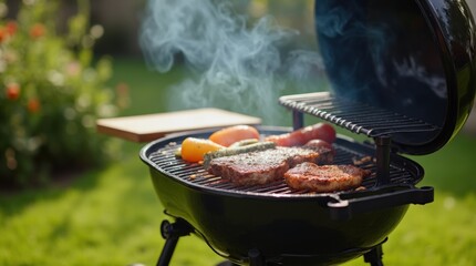 A classic black BBQ grill with sizzling steaks and vegetables, smoke rising as flames sear the food