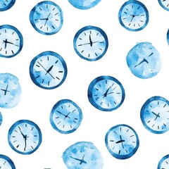 Blue Watercolor Clock Pattern on White Background for Creative Projects and Designs