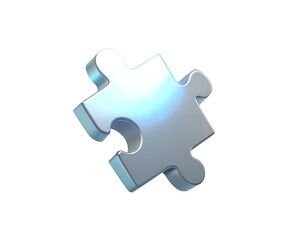 A holographic 3D icon of a puzzle piece, isolated on white background, symbolizing problem-solving, connection, and creativity with a modern metallic finish.