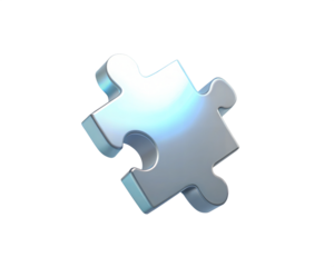 A holographic 3D icon of a puzzle piece, isolated on white background, symbolizing problem-solving, connection, and creativity with a modern metallic finish.
