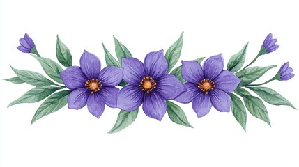 Obraz premium Beautiful watercolor flowers illustration with purple petals and green leaves arranged in a decorative banner style