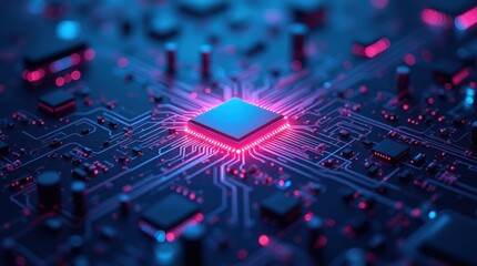 A futuristic AI circuit board with a glowing microchip at the center, intricate digital pathways, neon blue and purple lights