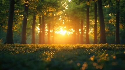 Obraz premium Tranquil Forest Glow with Soft Sunlight and Warm Tones, Perfect for Text Placement