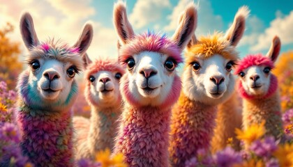 Fototapeta premium Colorful Llama Group Portrait in Flower Field Under Blue Cloudy Sky
