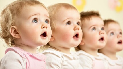 Joyful baby girl with mouth open in laughter while practicing bilingual vocabulary with games, creating a fun learning experience