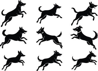 Set of Playful Running Dogs Silhouette Design
