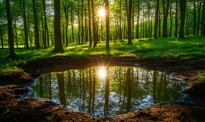 Serene sunset reflected in a forest puddle, sunbeams illuminating trees. Peaceful woodland scene.