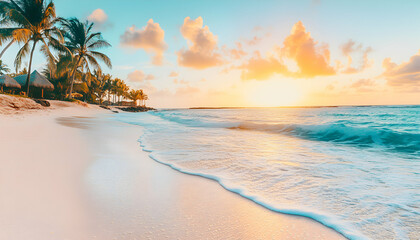 Serene sunset over a pristine beach with palm trees and gentle waves, creating a tranquil tropical paradise scene.