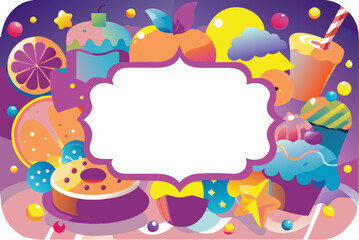 Vibrant dessert frame filled with colorful treats and fruits featuring copy space for creative use