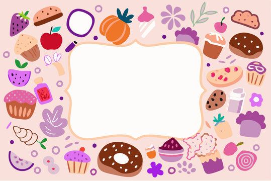 Sweet dessert illustration with various food items and copy space for text.
