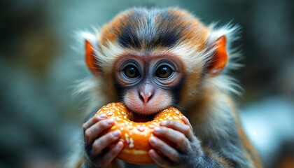 Cute Baby Monkey Eating Donut Sweet Treat Snack Close-up Shot