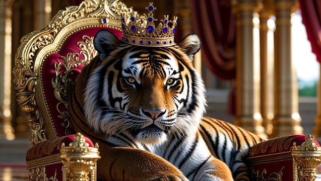 Majestic Tiger Seated on an Ornate Golden Throne Wearing a Royal Crown in an Opulent Palace Interior with Red Velvet Cushions and Elaborate Columns