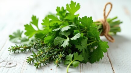 Fototapeta premium Close-up of a tied bundle of fresh parsley, thyme, and cilantro against a white textured backdrop