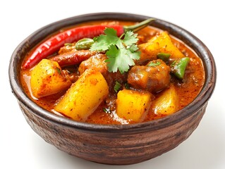 A bowl of authentic curry isolated on a white background showcasing its vibrant color and aromatic spices for delicious meals