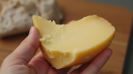 Close-up of a hand holding a piece of creamy brie cheese, wooden table