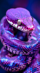 Obraz premium Purple snake coiled, dark background, reptile close-up
