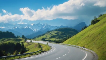 Scenic Winding Road in Lush Landscape with Blue Sky, Mountains, and Serene Atmosphere, Conveying Freedom and Adventure