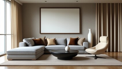 Empty frame mockup in modern minimalist living room background, poster frame mockup design, mockup frame