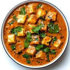 Rich bowl of paneer curry isolated on a white background perfect for serving with rice or bread for a hearty meal