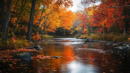 Fototapeta premium Spectacular autumn colors reflected in a flowing river under a dense forest canopy