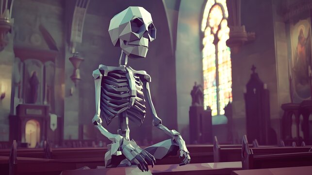 Haunting Skeletal Figure in Ornate Gothic Church Interior