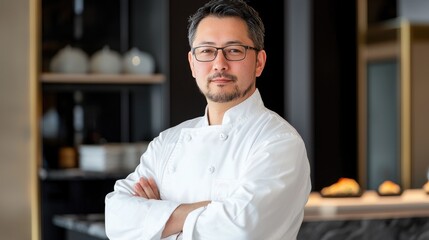 Professional chef posing confidently in modern kitchen environment
