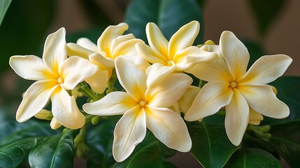 Obraz premium Cluster of yellow plumeria flowers with green leaves in a tropical garden setting