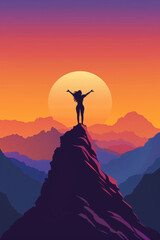  Silhouette of a person celebrating on a mountain peak at sunset