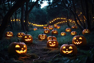 Enchanting Glade with Glowing Pumpkins Lighting Up a Magical Night Scene